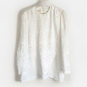 Vintage White Elegance Women’s Medium White Damask Top Long Sleeve Holiday Glam